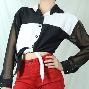 Vintage color blocked tie-up long sleeve blouse